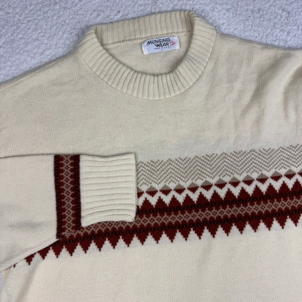 Vintage‎ Munsingwear Mens Cream Grandpa Knit Sweater Size Large Made in USA 80s